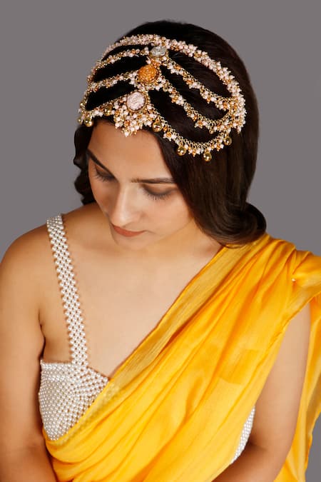 Shop Vaidaan Multi Color Pearl Nivasini Bead Embellished Hair Band at Aza Fashions Shop_Vaidaan_Multi Color Pearl Nivasini Bead Embellished Hair Band _at_Aza_Fashions