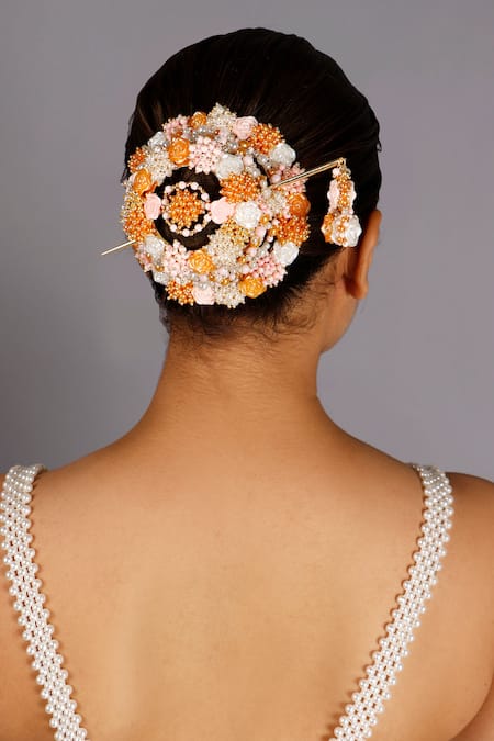 Shop Vaidaan Multi Color Pearls, Beads Nivasini Embellished Hair Bun - Set Of 2 at Aza Fashions Shop_Vaidaan_Multi Color Pearls, Beads Nivasini Embellished Hair Bun - Set Of 2 _at_Aza_Fashions