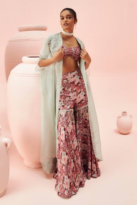 Bhumika Sharma Blue Organza, Georgette Embroidery, Abstract Floral Print Gharara Set With Cape Online at Aza Fashions Bhumika Sharma_Blue Organza, Georgette Embroidery, Abstract Floral Print Gharara Set With Cape _Online_at_Aza_Fashions