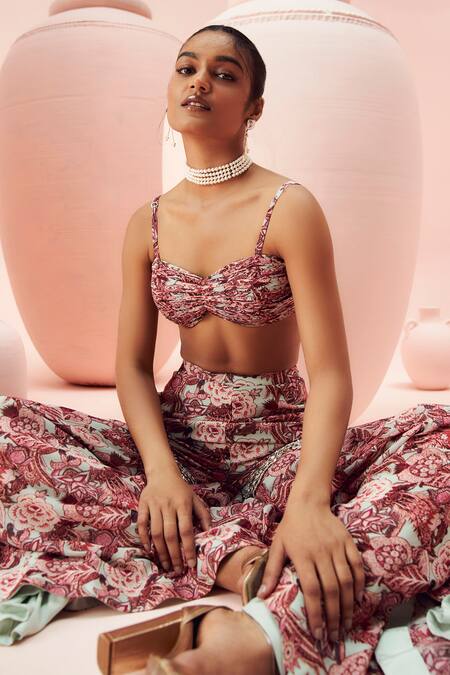 Buy Bhumika Sharma Blue Organza, Georgette Embroidery, Abstract Floral Print Gharara Set With Cape Online at Aza Fashions Buy_Bhumika Sharma_Blue Organza, Georgette Embroidery, Abstract Floral Print Gharara Set With Cape _Online_at_Aza_Fashions