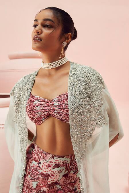 Shop Bhumika Sharma Blue Organza, Georgette Embroidery, Abstract Floral Print Gharara Set With Cape Online at Aza Fashions Shop_Bhumika Sharma_Blue Organza, Georgette Embroidery, Abstract Floral Print Gharara Set With Cape _Online_at_Aza_Fashions
