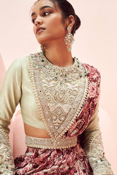 Bhumika Sharma Green Georgette, Chanderi Silk Abstract Floral Print Palazzo Saree With Blouse Online at Aza Fashions Bhumika Sharma_Green Georgette, Chanderi Silk Abstract Floral Print Palazzo Saree With Blouse _Online_at_Aza_Fashions