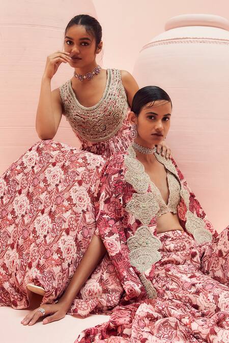 Bhumika Sharma_Pink Georgette Embroidery Round Neck Abstract Floral Print Anarkali _Online_at_Aza_Fashions