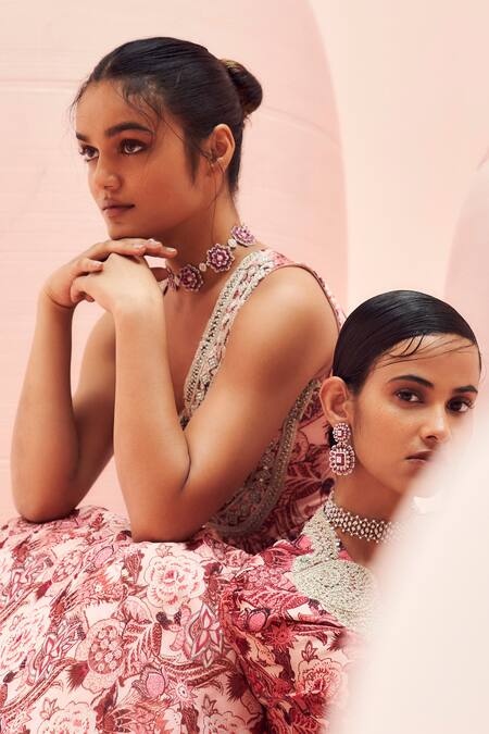 Buy_Bhumika Sharma_Pink Georgette Embroidery Round Neck Abstract Floral Print Anarkali _Online_at_Aza_Fashions