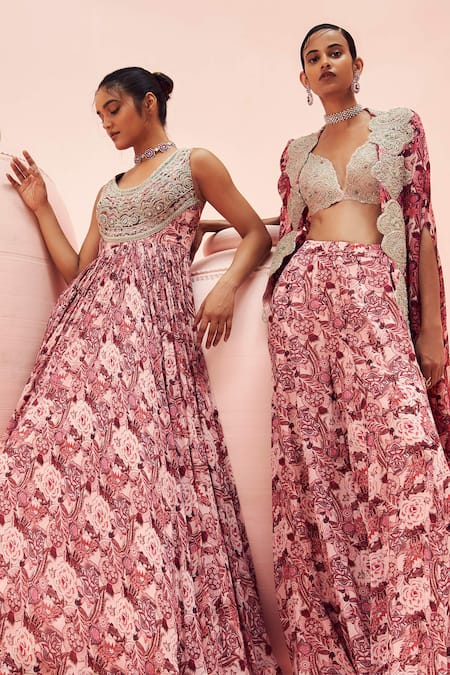 Shop_Bhumika Sharma_Pink Georgette Embroidery Round Neck Abstract Floral Print Anarkali _Online_at_Aza_Fashions