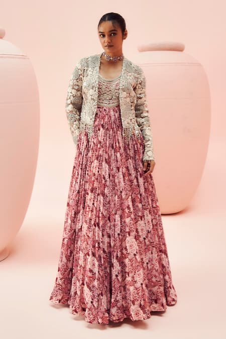 Bhumika Sharma Pink Georgette Printed Floral Anarkali Round Abstract With Jacket 