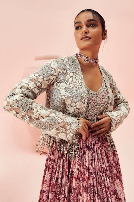 Bhumika Sharma_Pink Net, Georgette Embroidery Open Abstract Floral Print Anarkali With Jacket _Online_at_Aza_Fashions