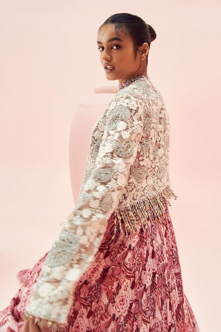 Buy_Bhumika Sharma_Pink Net, Georgette Embroidery Open Abstract Floral Print Anarkali With Jacket _Online_at_Aza_Fashions