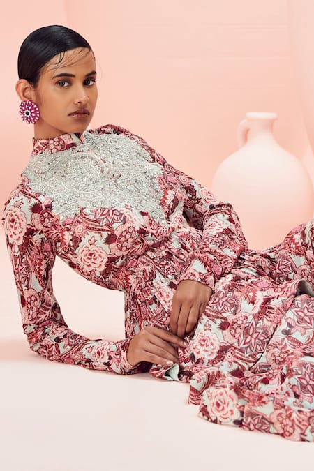 Bhumika Sharma_Pink Georgette Embroidery High Neck Abstract Floral Print Peplum With Gharara _Online_at_Aza_Fashions