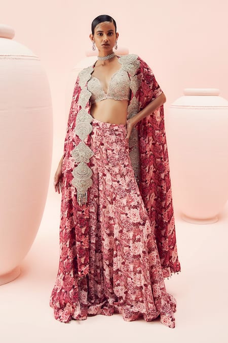 Bhumika Sharma Pink Georgette Printed Floral Bustier Abstract Flared Pant Set With Cape 