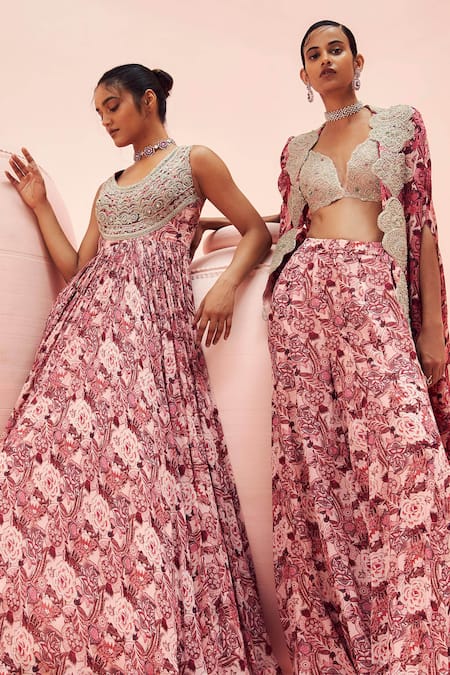 Buy_Bhumika Sharma_Pink Georgette Beads, Sequins, Abstract Floral Print Flared Pant Set With Cape _Online_at_Aza_Fashions