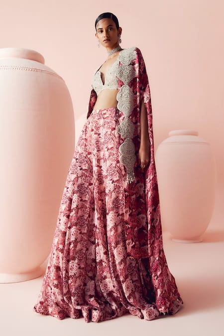 Shop_Bhumika Sharma_Pink Georgette Beads, Sequins, Abstract Floral Print Flared Pant Set With Cape _Online_at_Aza_Fashions
