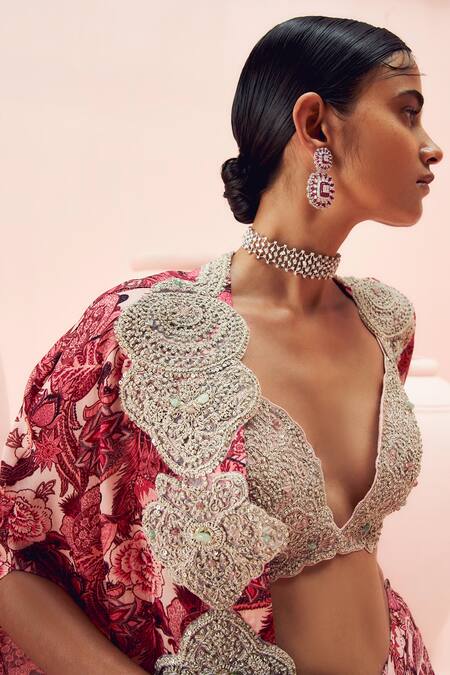 Bhumika Sharma_Pink Georgette Beads, Sequins, Abstract Floral Print Flared Pant Set With Cape _at_Aza_Fashions