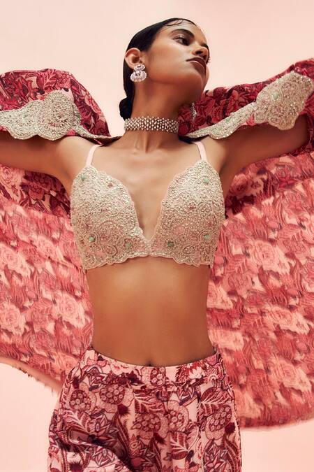 Buy_Bhumika Sharma_Pink Georgette Beads, Sequins, Abstract Floral Print Flared Pant Set With Cape 