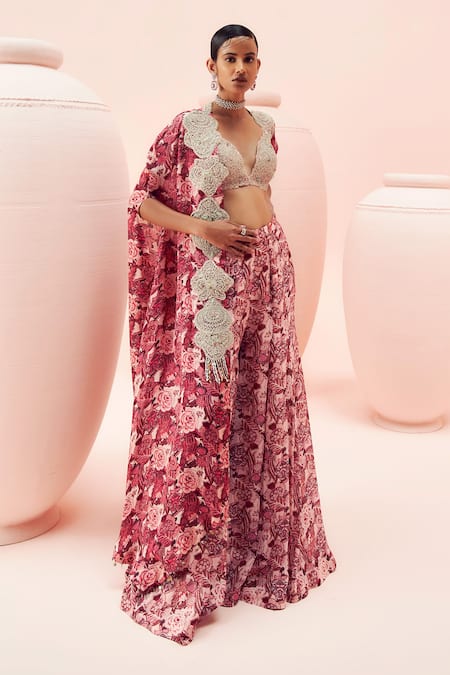 Bhumika Sharma Abstract Floral Print Flared Pant Set With Cape 