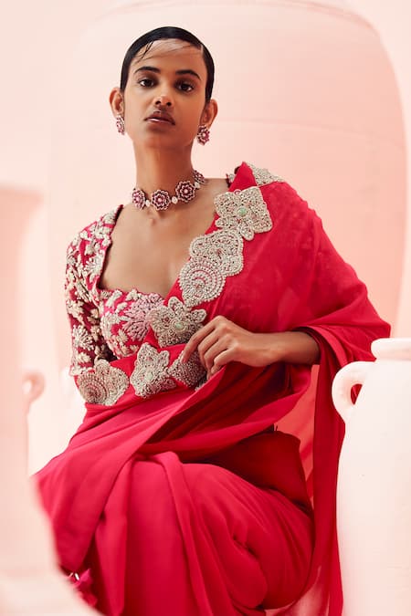 Bhumika Sharma_Fuchsia Georgette Sequins, Beads, Embroidered Hem Saree With Bahaar Blouse _Online_at_Aza_Fashions