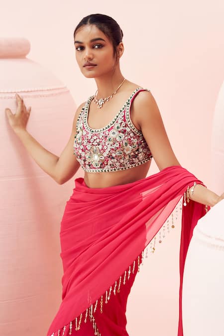 Bhumika Sharma_Fuchsia Georgette Mirrors, Sequins, Retro Ruffle Pre-draped Saree With Blouse _Online_at_Aza_Fashions