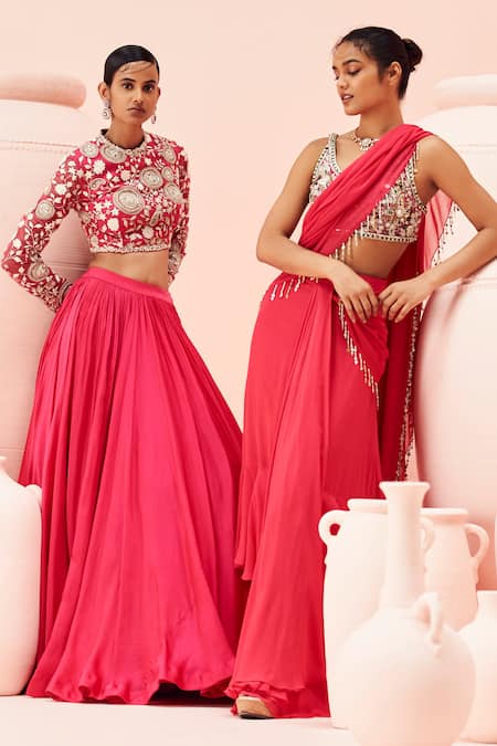 Buy_Bhumika Sharma_Fuchsia Georgette Mirrors, Sequins, Retro Ruffle Pre-draped Saree With Blouse _Online_at_Aza_Fashions