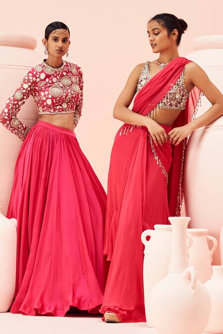 Bhumika Sharma_Fuchsia Net, Twill, Organza Embroidery Round Neck Retro Blouse With Lehenga _Online_at_Aza_Fashions