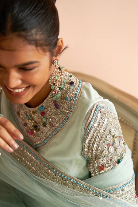 Buy Bhumika Sharma Blue Net Mirrors, Stones, Beads, Lace Detailed Saree With Embroidered Blouse Online at Aza Fashions Buy_Bhumika Sharma_Blue Net Mirrors, Stones, Beads, Lace Detailed Saree With Embroidered Blouse _Online_at_Aza_Fashions