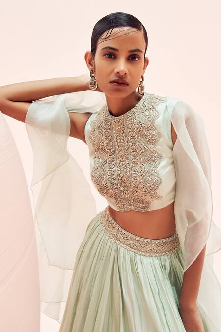 Bhumika Sharma_Blue Twill, Organza Embroidery, Mirrors, Stones Waist Lehenga Set With Cape _Online_at_Aza_Fashions
