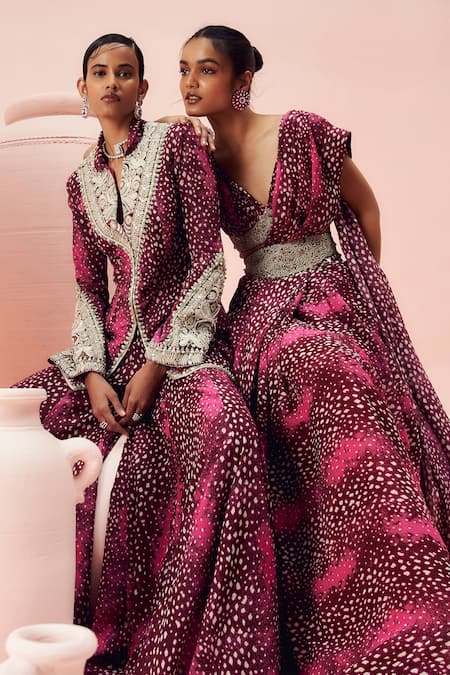 Bhumika Sharma_Burgundy Net, Georgette Sequins, Stones Rosette Print Jacket With Sharara _Online_at_Aza_Fashions