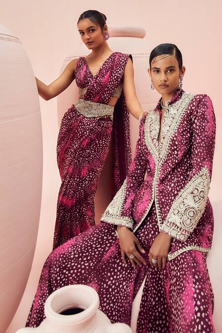 Buy_Bhumika Sharma_Burgundy Net, Georgette Sequins, Stones Rosette Print Jacket With Sharara _Online_at_Aza_Fashions