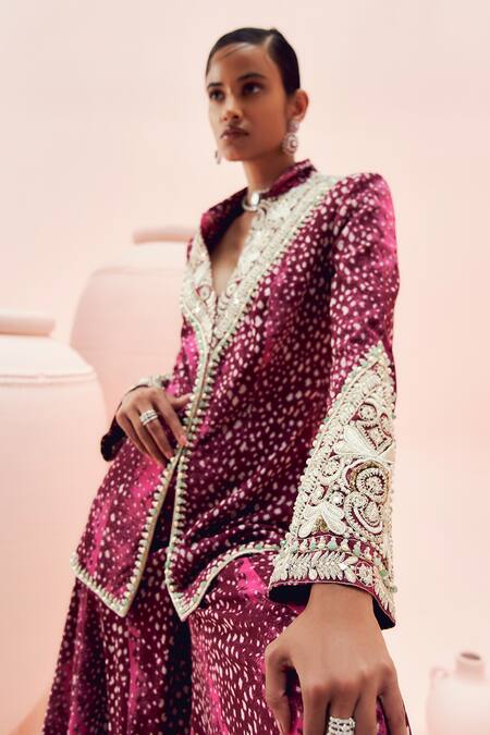 Shop_Bhumika Sharma_Burgundy Net, Georgette Sequins, Stones Rosette Print Jacket With Sharara _Online_at_Aza_Fashions