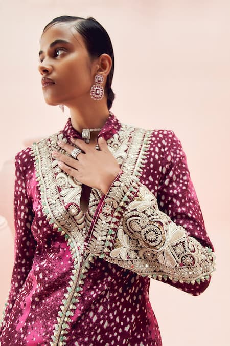Bhumika Sharma_Burgundy Net, Georgette Sequins, Stones Rosette Print Jacket With Sharara _at_Aza_Fashions
