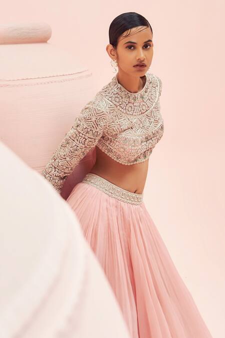 Buy_Bhumika Sharma_Pink Net, Twill, Organza Embroidery Round Neck Blouse With Lehenga _Online_at_Aza_Fashions