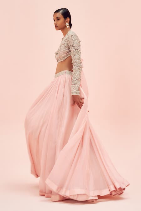 Shop_Bhumika Sharma_Pink Net, Twill, Organza Embroidery Round Neck Blouse With Lehenga _Online_at_Aza_Fashions