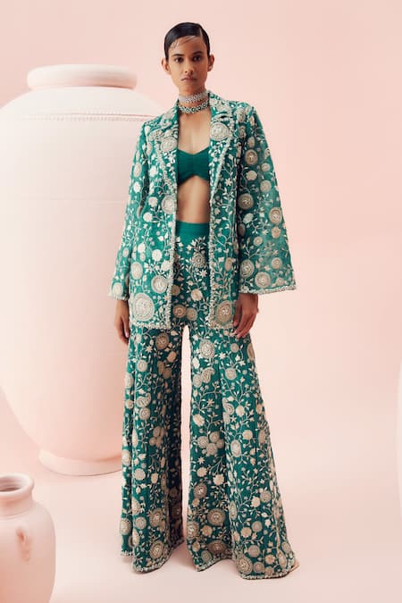 Bhumika Sharma Green Organza Embroidered Floral Bustier Sweetheart Jacket And Flared Pant Set 