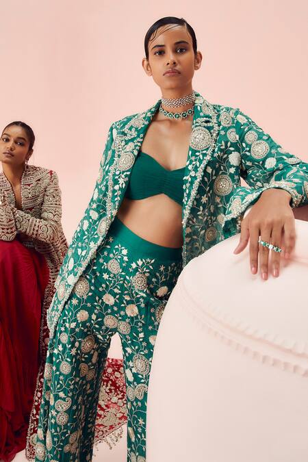 Bhumika Sharma_Green Organza Embroidery Sweetheart Neck, Open Floral Jacket And Flared Pant Set _Online_at_Aza_Fashions