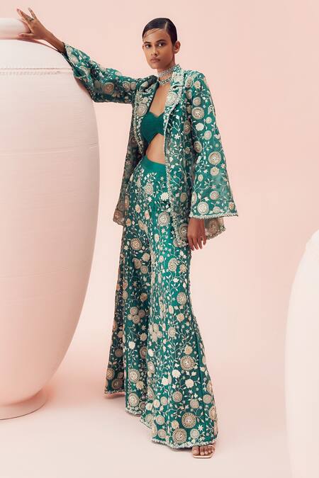 Buy_Bhumika Sharma_Green Organza Embroidery Sweetheart Neck, Open Floral Jacket And Flared Pant Set _Online_at_Aza_Fashions