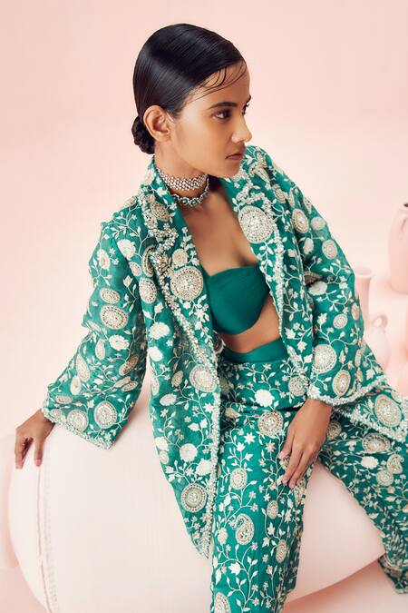 Shop_Bhumika Sharma_Green Organza Embroidery Sweetheart Neck, Open Floral Jacket And Flared Pant Set _Online_at_Aza_Fashions