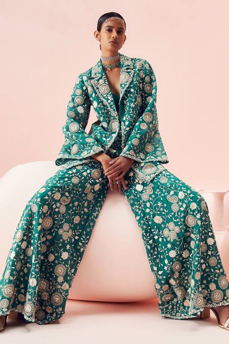 Bhumika Sharma_Green Organza Embroidery Sweetheart Neck, Open Floral Jacket And Flared Pant Set _at_Aza_Fashions