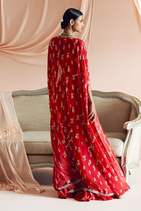 Bhumika Sharma Scarlet Floret Print Flared Pant Set With Cape 