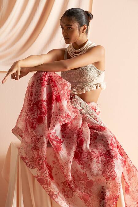 Bhumika Sharma_Red Organza, Net Embroidery Round Neck Blossom Print Saree With Blouse _Online_at_Aza_Fashions
