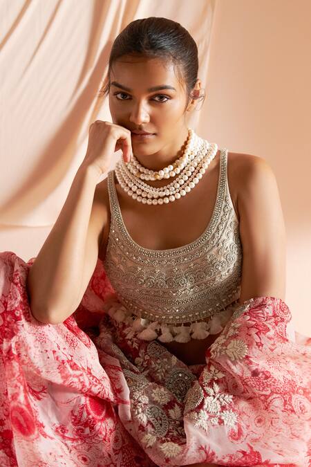 Buy_Bhumika Sharma_Red Organza, Net Embroidery Round Neck Blossom Print Saree With Blouse _Online_at_Aza_Fashions