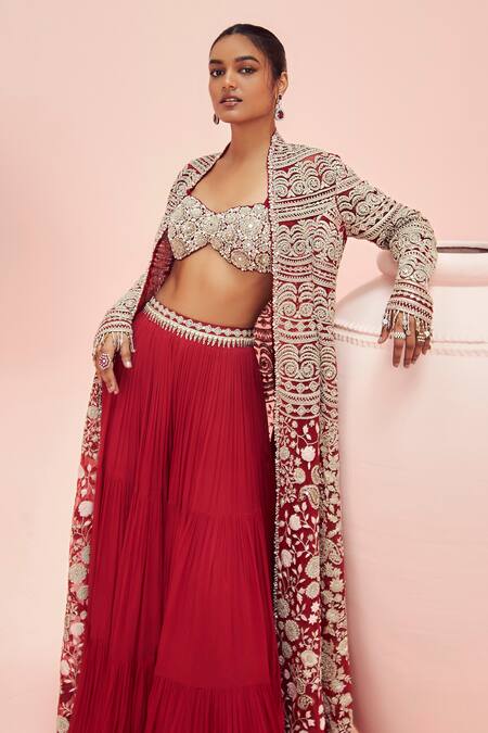 Bhumika Sharma Red Net, Georgette Embroidery Sweetheart Neck, Open Floral Jacket With Pant Set Online at Aza Fashions Bhumika Sharma_Red Net, Georgette Embroidery Sweetheart Neck, Open Floral Jacket With Pant Set _Online_at_Aza_Fashions