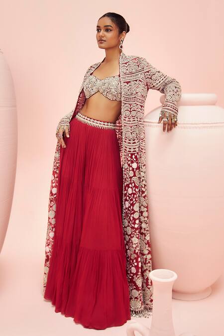 Buy Bhumika Sharma Red Net, Georgette Embroidery Sweetheart Neck, Open Floral Jacket With Pant Set Online at Aza Fashions Buy_Bhumika Sharma_Red Net, Georgette Embroidery Sweetheart Neck, Open Floral Jacket With Pant Set _Online_at_Aza_Fashions