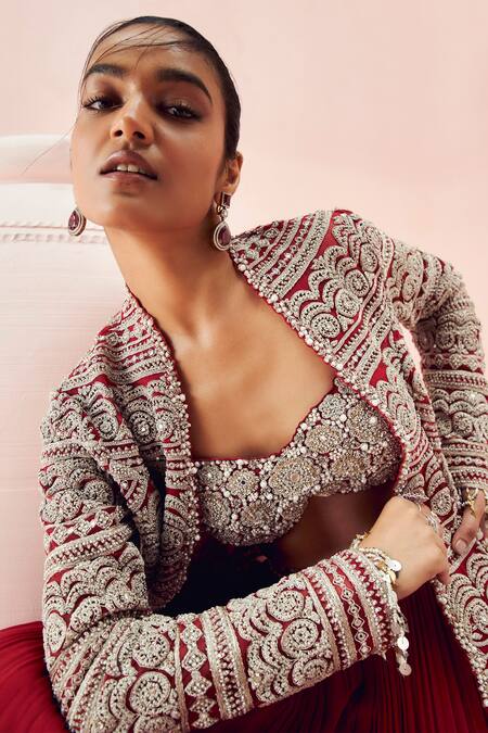 Shop Bhumika Sharma Red Net, Georgette Embroidery Sweetheart Neck, Open Floral Jacket With Pant Set Online at Aza Fashions Shop_Bhumika Sharma_Red Net, Georgette Embroidery Sweetheart Neck, Open Floral Jacket With Pant Set _Online_at_Aza_Fashions