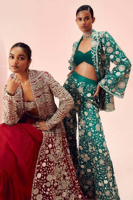 Bhumika Sharma Red Net, Georgette Embroidery Sweetheart Neck, Open Floral Jacket With Pant Set at Aza Fashions Bhumika Sharma_Red Net, Georgette Embroidery Sweetheart Neck, Open Floral Jacket With Pant Set _at_Aza_Fashions