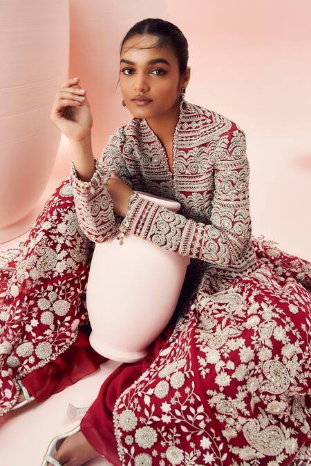 Buy Bhumika Sharma Red Net, Georgette Embroidery Sweetheart Neck, Open Floral Jacket With Pant Set Buy_Bhumika Sharma_Red Net, Georgette Embroidery Sweetheart Neck, Open Floral Jacket With Pant Set