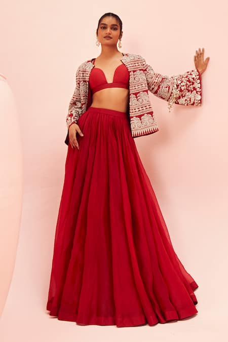 Bhumika Sharma Red Organza Embroidered Bustier Plunge Sweetheart Short Jacket With Lehenga Set 