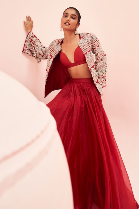 Bhumika Sharma_Red Silk, Organza Tassels Open Neck, Embroidered Short Jacket With Lehenga Set _Online_at_Aza_Fashions