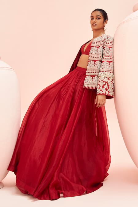 Buy_Bhumika Sharma_Red Silk, Organza Tassels Open Neck, Embroidered Short Jacket With Lehenga Set _Online_at_Aza_Fashions