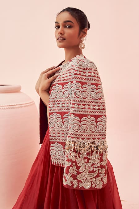 Shop_Bhumika Sharma_Red Silk, Organza Tassels Open Neck, Embroidered Short Jacket With Lehenga Set _Online_at_Aza_Fashions