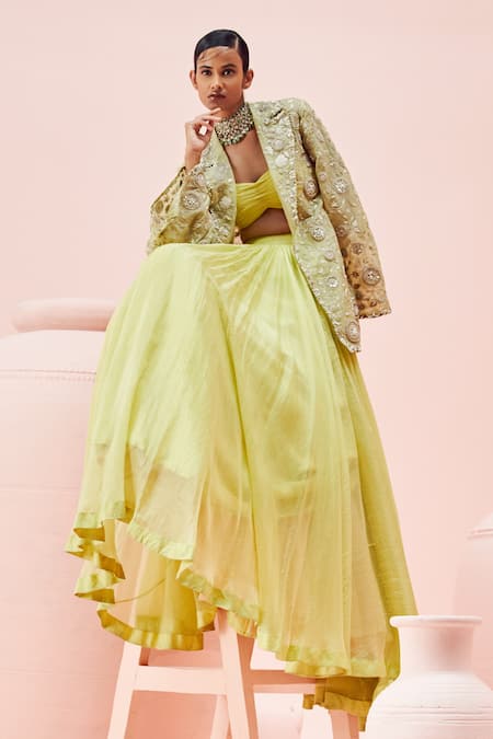 Bhumika Sharma_Green Organza, Net Embroidery Open , Sweetheart Jacket With Lehenga Set _Online_at_Aza_Fashions
