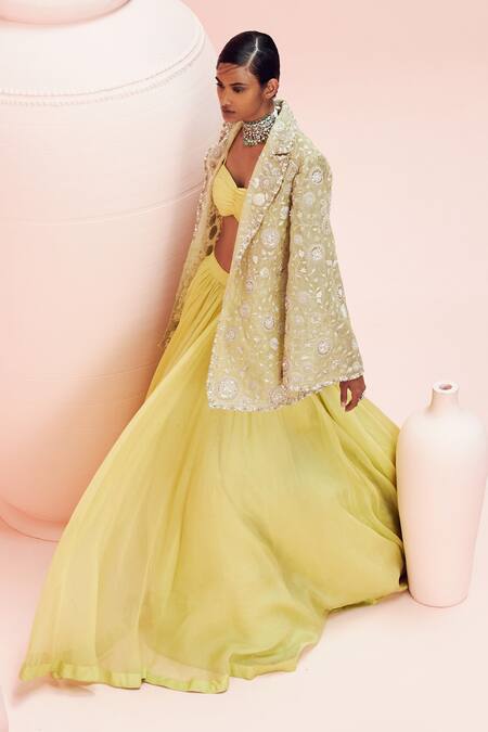 Buy_Bhumika Sharma_Green Organza, Net Embroidery Open , Sweetheart Jacket With Lehenga Set _Online_at_Aza_Fashions